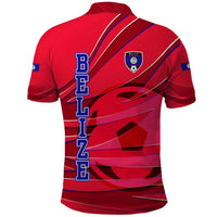 Belize Football Polo Shirt with Red Abstract Soccer Pattern and Shield Emblem
