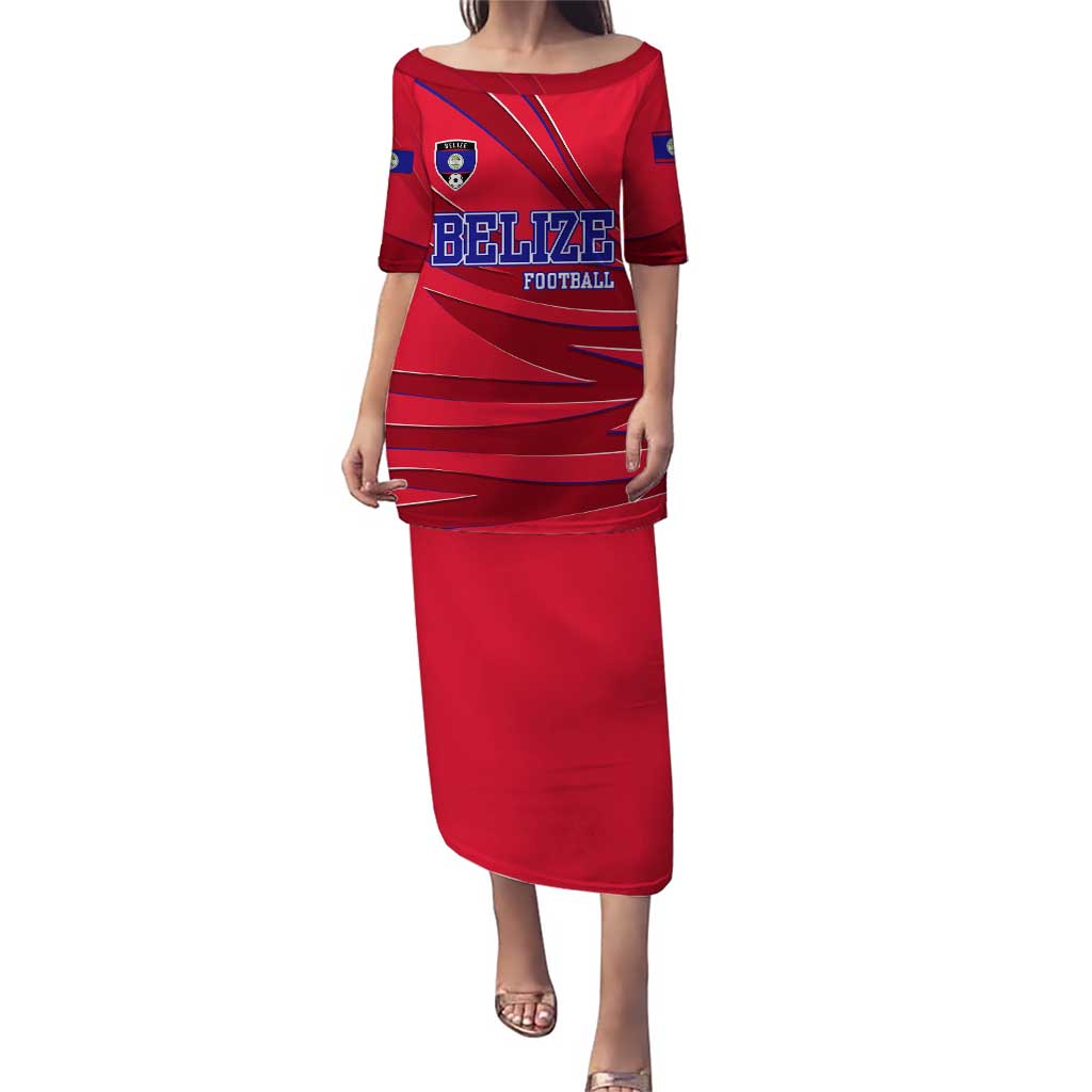 Belize Football Puletasi with Red Abstract Soccer Pattern and Shield Emblem