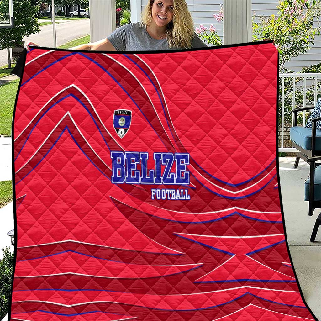 Belize Football Quilt with Red Abstract Soccer Pattern and Shield Emblem
