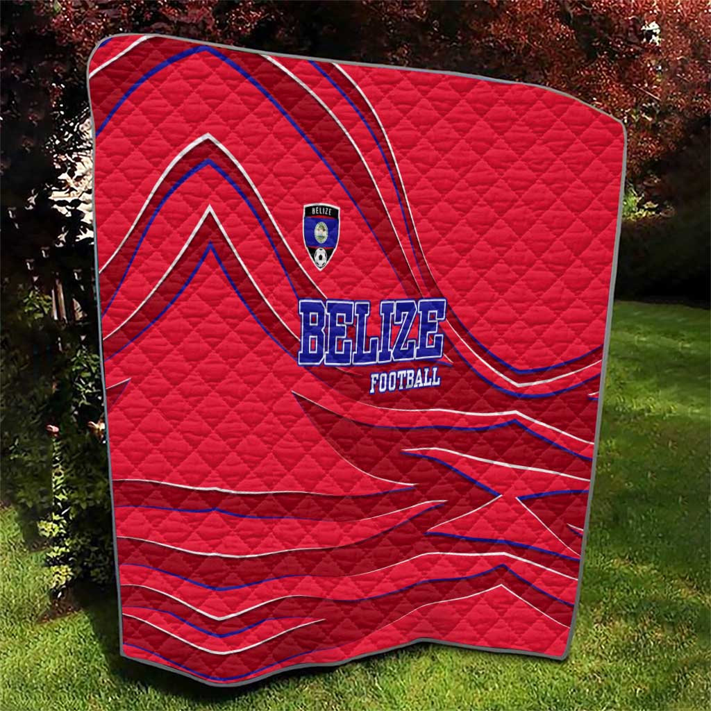 Belize Football Quilt with Red Abstract Soccer Pattern and Shield Emblem