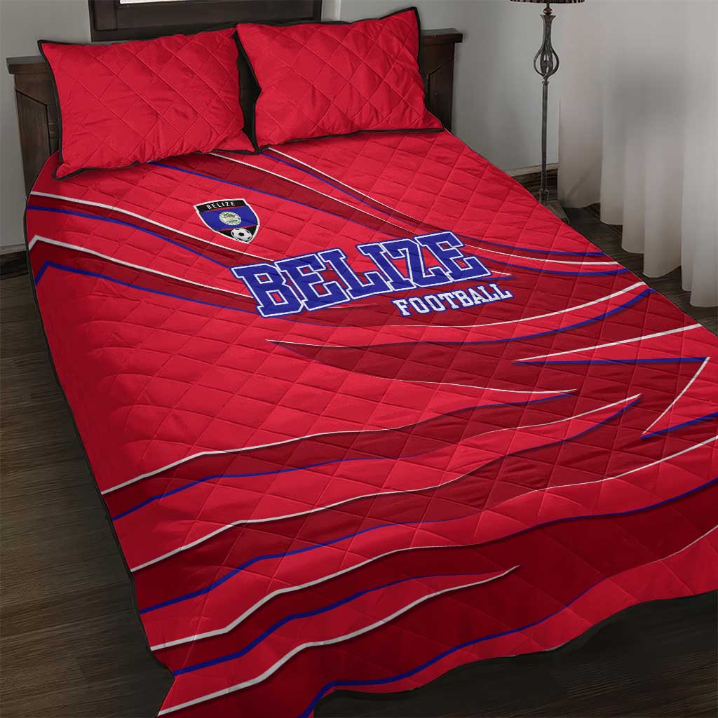 Belize Football Quilt Bed Set with Red Abstract Soccer Pattern and Shield Emblem