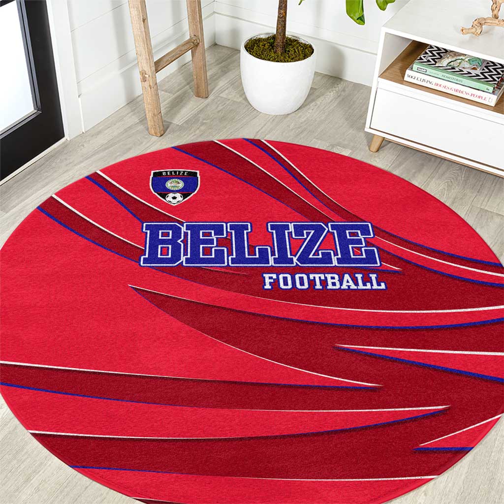 Belize Football Round Carpet with Red Abstract Soccer Pattern and Shield Emblem