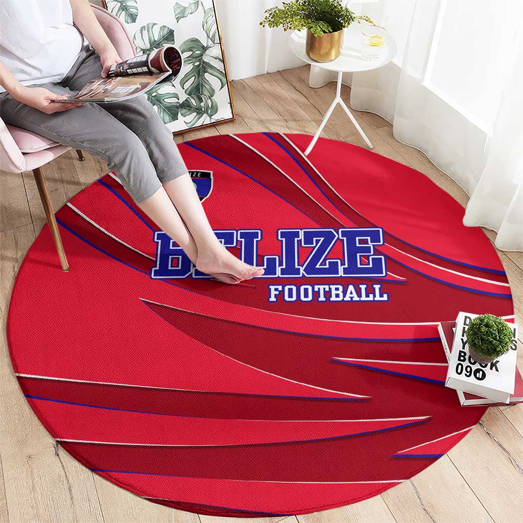 Belize Football Round Carpet with Red Abstract Soccer Pattern and Shield Emblem