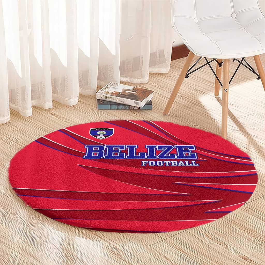 Belize Football Round Carpet with Red Abstract Soccer Pattern and Shield Emblem