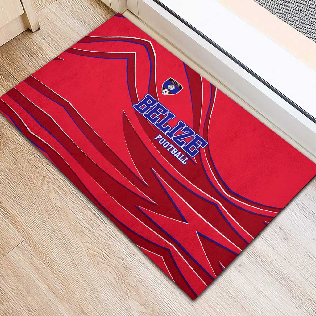 Belize Football Rubber Doormat with Red Abstract Soccer Pattern and Shield Emblem