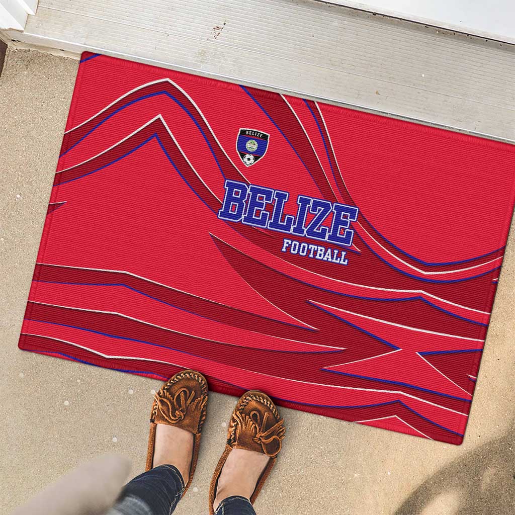 Belize Football Rubber Doormat with Red Abstract Soccer Pattern and Shield Emblem
