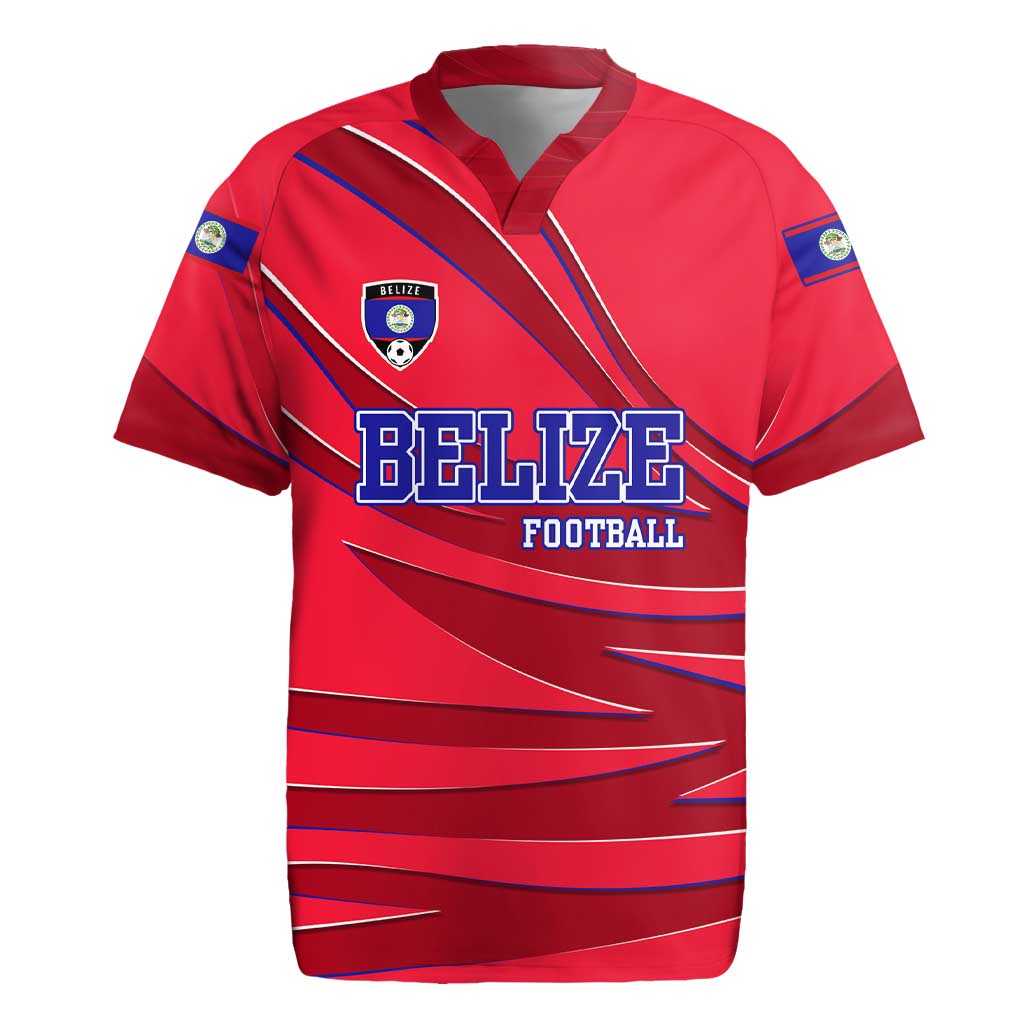 Belize Football Rugby Jersey with Red Abstract Soccer Pattern and Shield Emblem