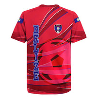 Belize Football Rugby Jersey with Red Abstract Soccer Pattern and Shield Emblem