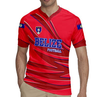 Belize Football Rugby Jersey with Red Abstract Soccer Pattern and Shield Emblem