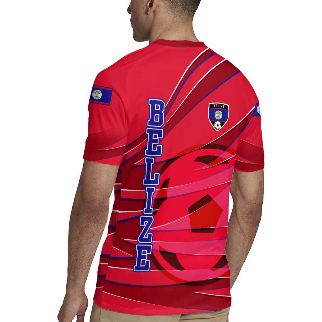 Belize Football Rugby Jersey with Red Abstract Soccer Pattern and Shield Emblem