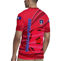 Belize Football Rugby Jersey with Red Abstract Soccer Pattern and Shield Emblem