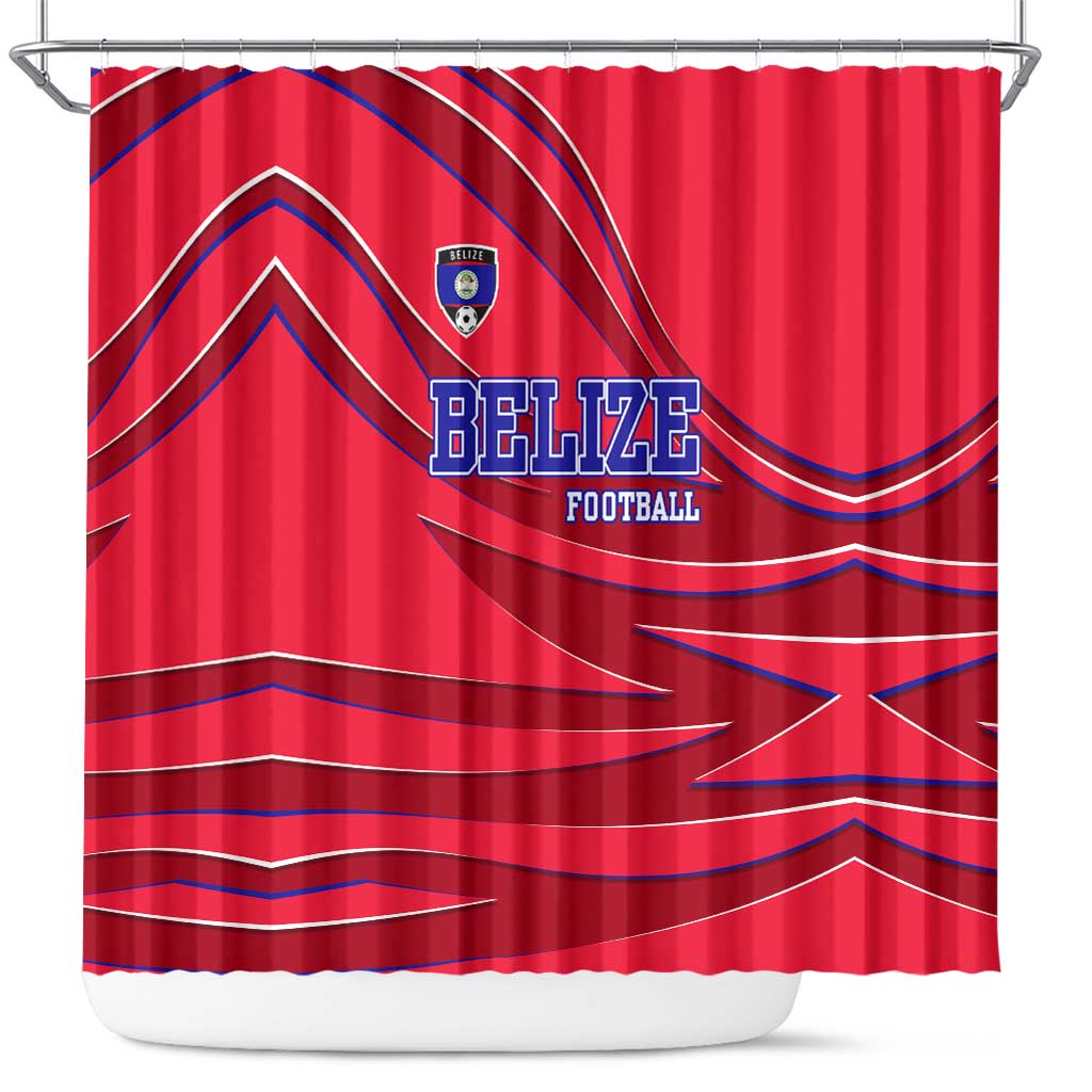 Belize Football Shower Curtain with Red Abstract Soccer Pattern and Shield Emblem