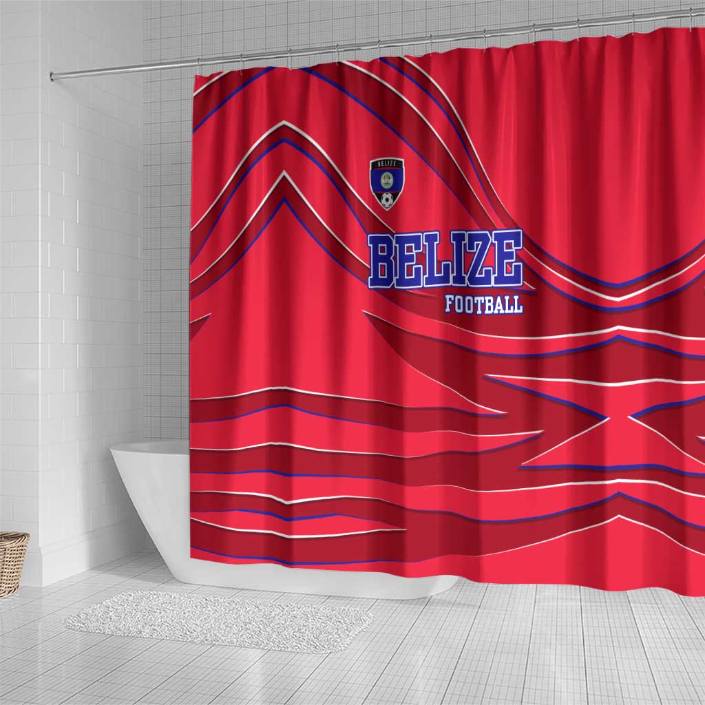 Belize Football Shower Curtain with Red Abstract Soccer Pattern and Shield Emblem