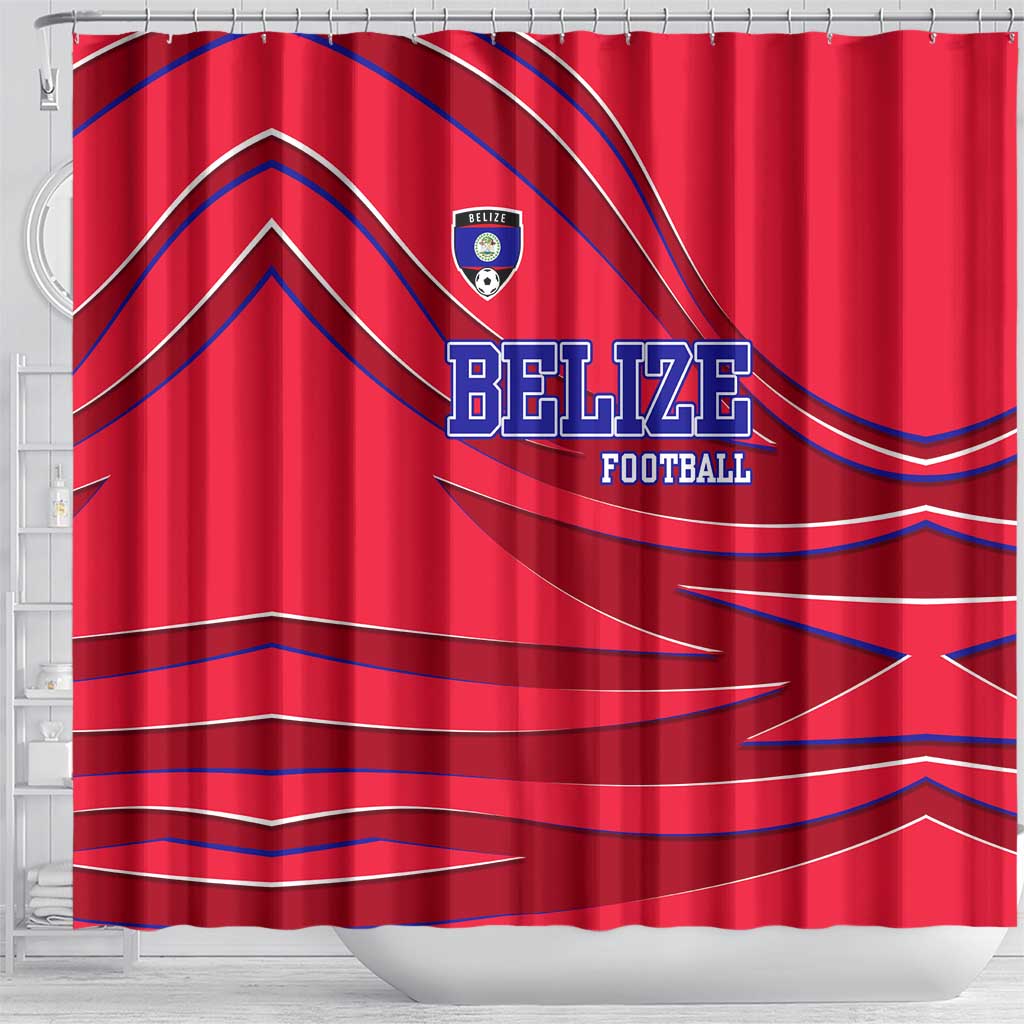Belize Football Shower Curtain with Red Abstract Soccer Pattern and Shield Emblem