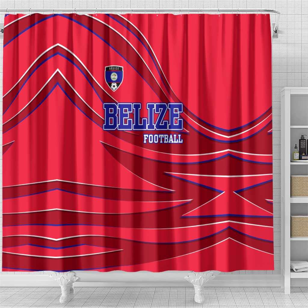 Belize Football Shower Curtain with Red Abstract Soccer Pattern and Shield Emblem