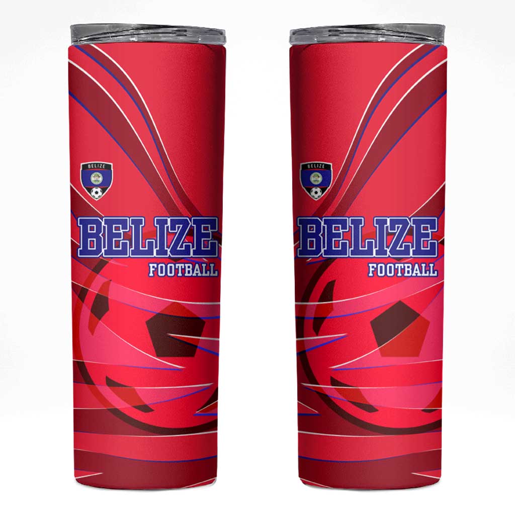 Belize Football Skinny Tumbler with Red Abstract Soccer Pattern and Shield Emblem