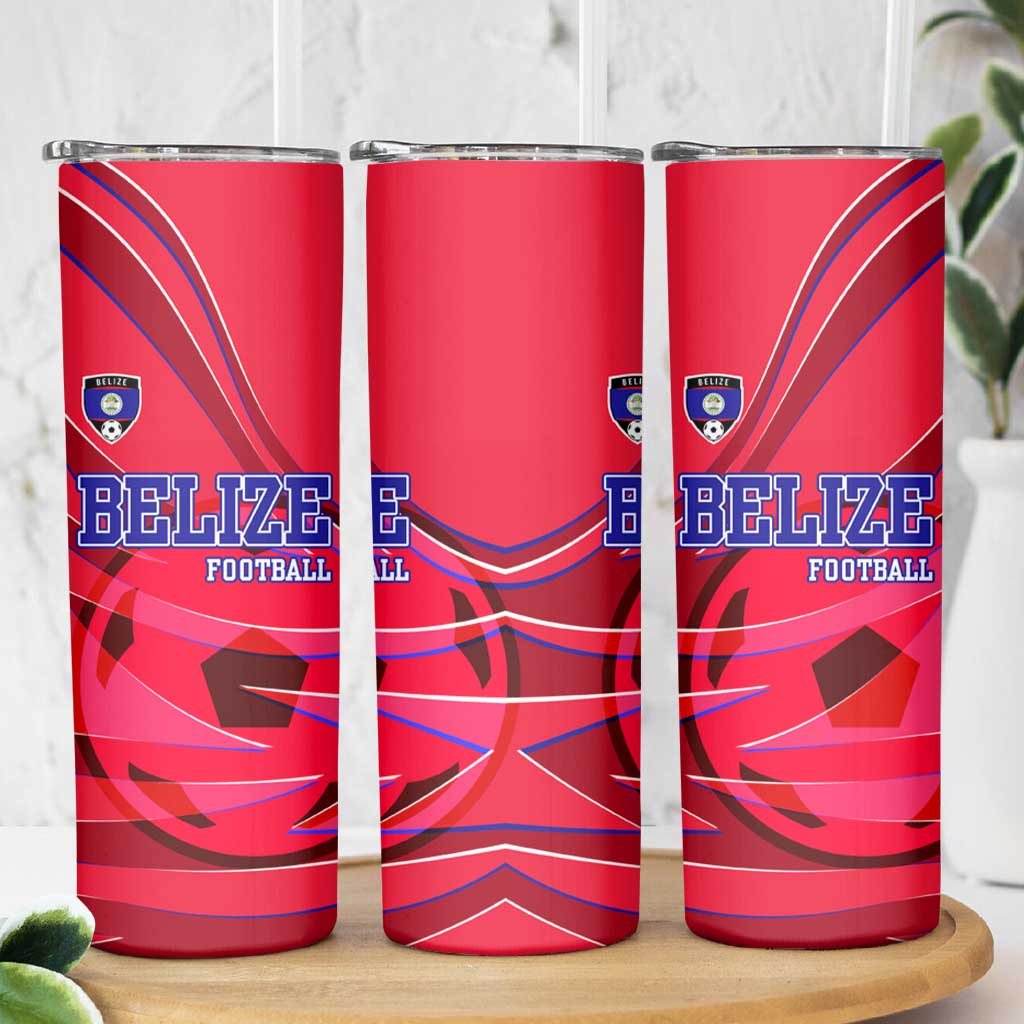 Belize Football Skinny Tumbler with Red Abstract Soccer Pattern and Shield Emblem