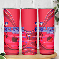 Belize Football Skinny Tumbler with Red Abstract Soccer Pattern and Shield Emblem