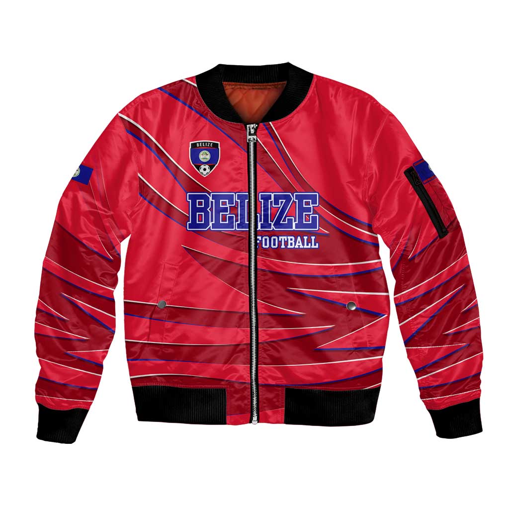 Belize Football Sleeve Zip Bomber Jacket with Red Abstract Soccer Pattern and Shield Emblem