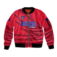 Belize Football Sleeve Zip Bomber Jacket with Red Abstract Soccer Pattern and Shield Emblem