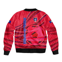 Belize Football Sleeve Zip Bomber Jacket with Red Abstract Soccer Pattern and Shield Emblem