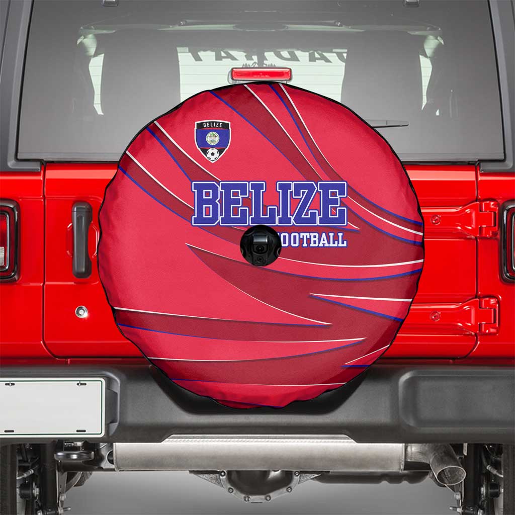 Belize Football Spare Tire Cover with Red Abstract Soccer Pattern and Shield Emblem