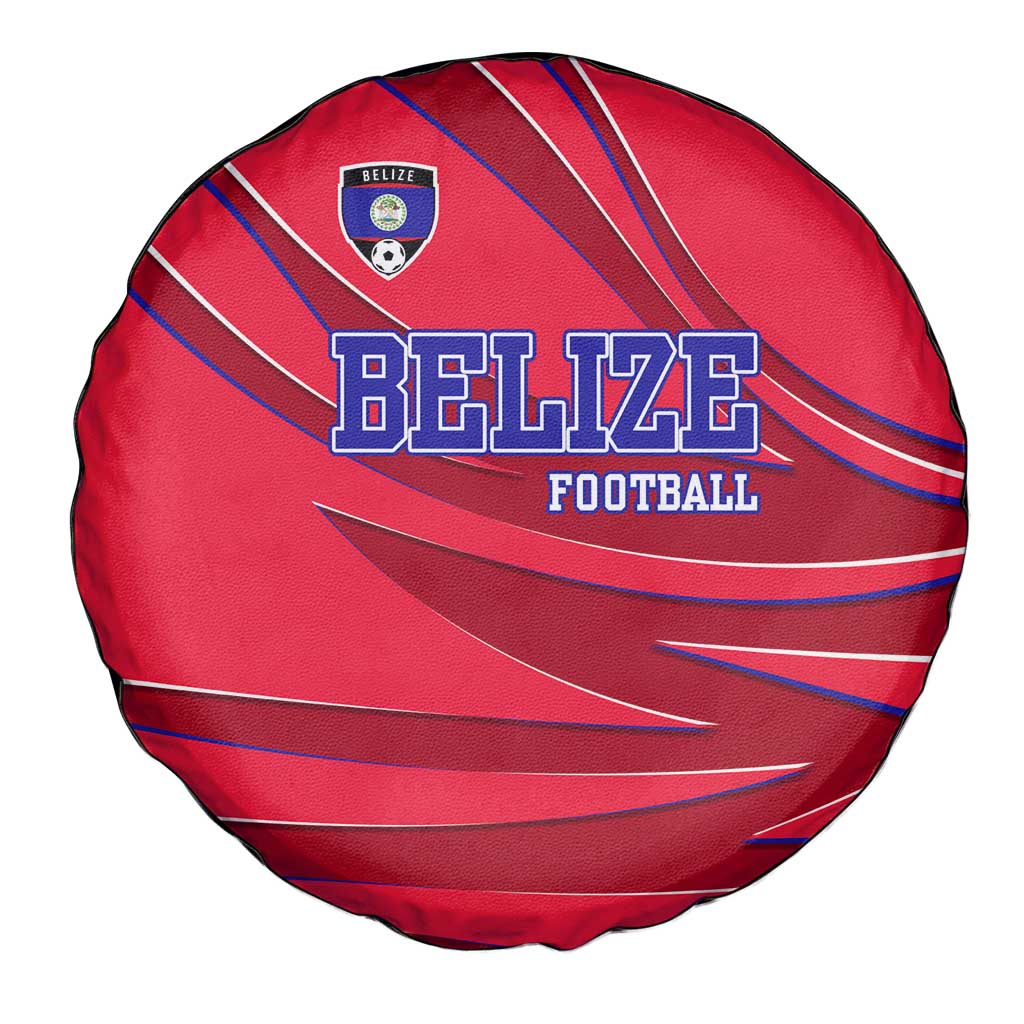 Belize Football Spare Tire Cover with Red Abstract Soccer Pattern and Shield Emblem