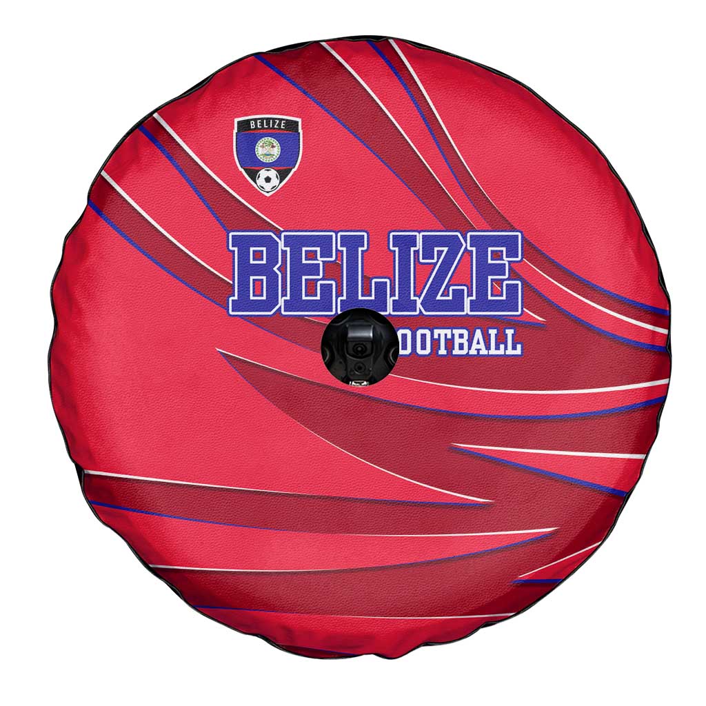 Belize Football Spare Tire Cover with Red Abstract Soccer Pattern and Shield Emblem