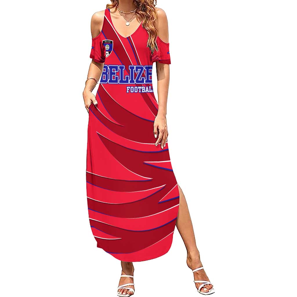 Belize Football Summer Maxi Dress with Red Abstract Soccer Pattern and Shield Emblem
