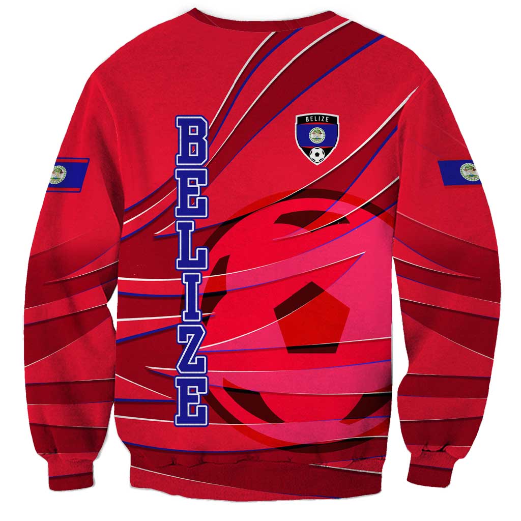 Belize Football Sweatshirt with Red Abstract Soccer Pattern and Shield Emblem