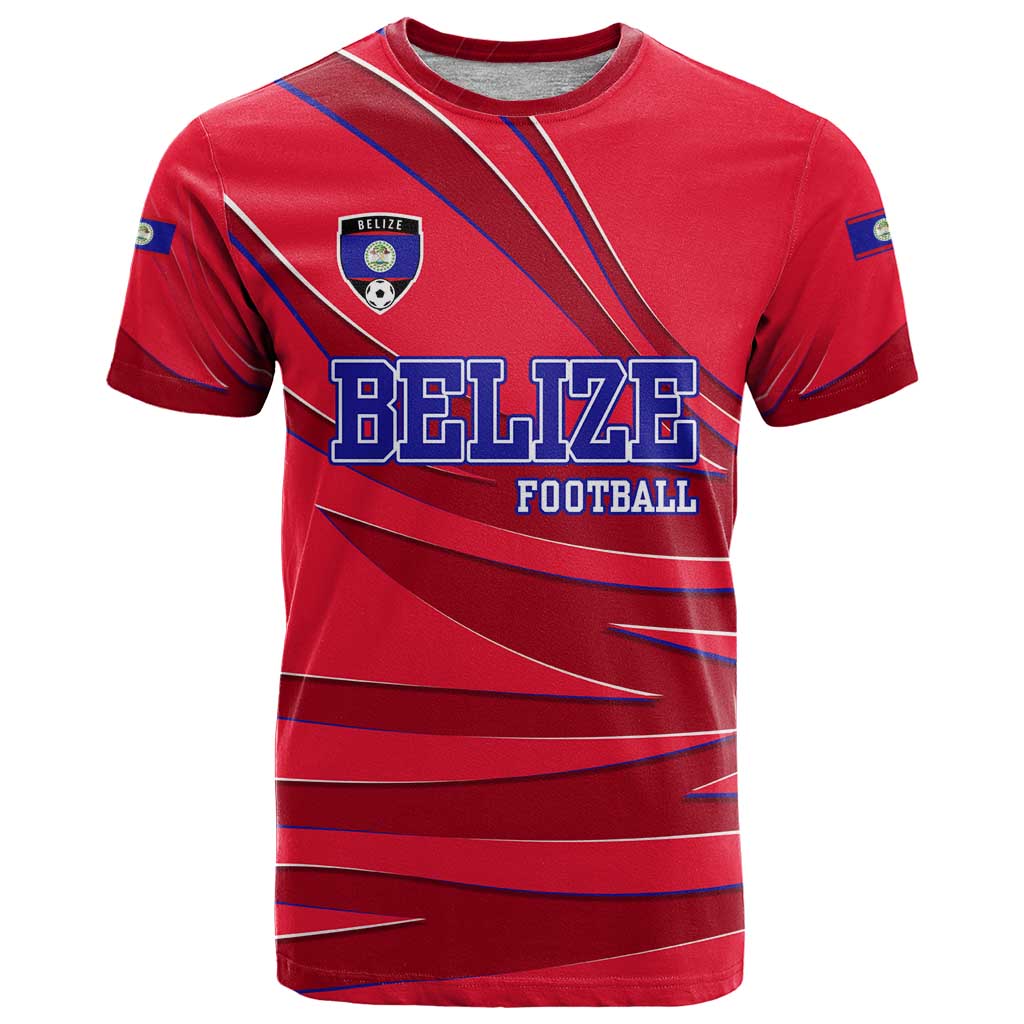 Belize Football T Shirt with Red Abstract Soccer Pattern and Shield Emblem
