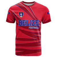 Belize Football T Shirt with Red Abstract Soccer Pattern and Shield Emblem