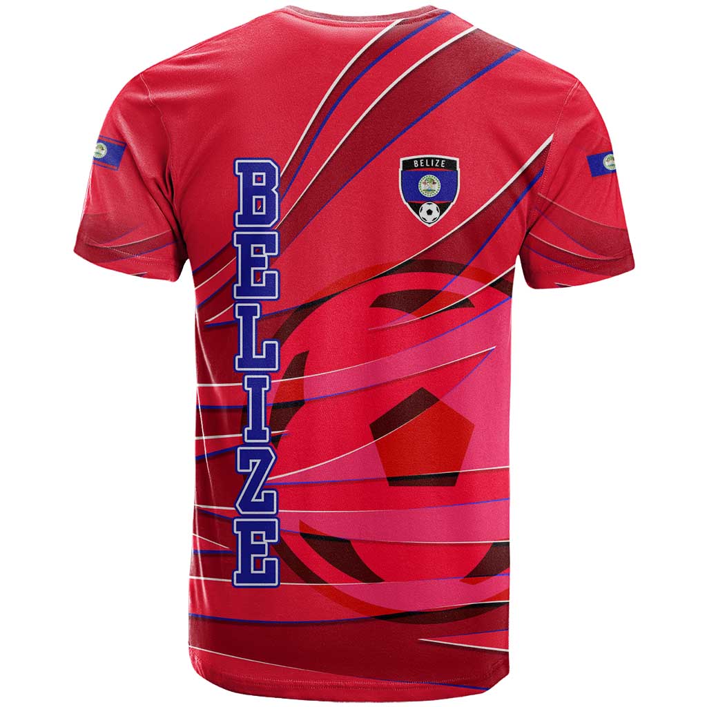 Belize Football T Shirt with Red Abstract Soccer Pattern and Shield Emblem