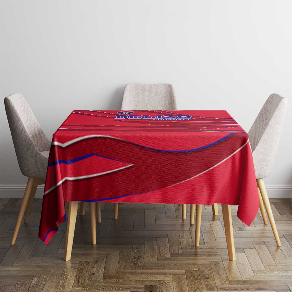 Belize Football Tablecloth with Red Abstract Soccer Pattern and Shield Emblem