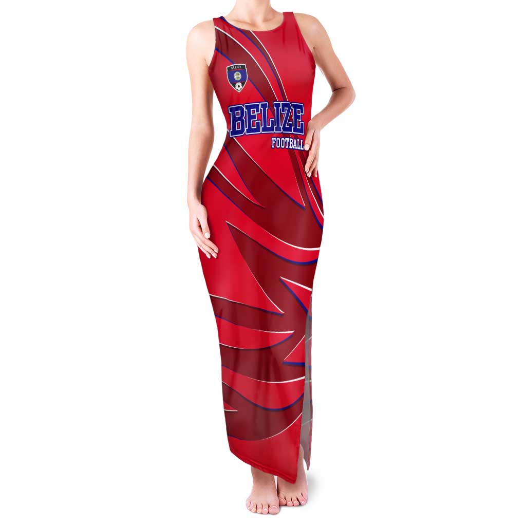 Belize Football Tank Maxi Dress with Red Abstract Soccer Pattern and Shield Emblem