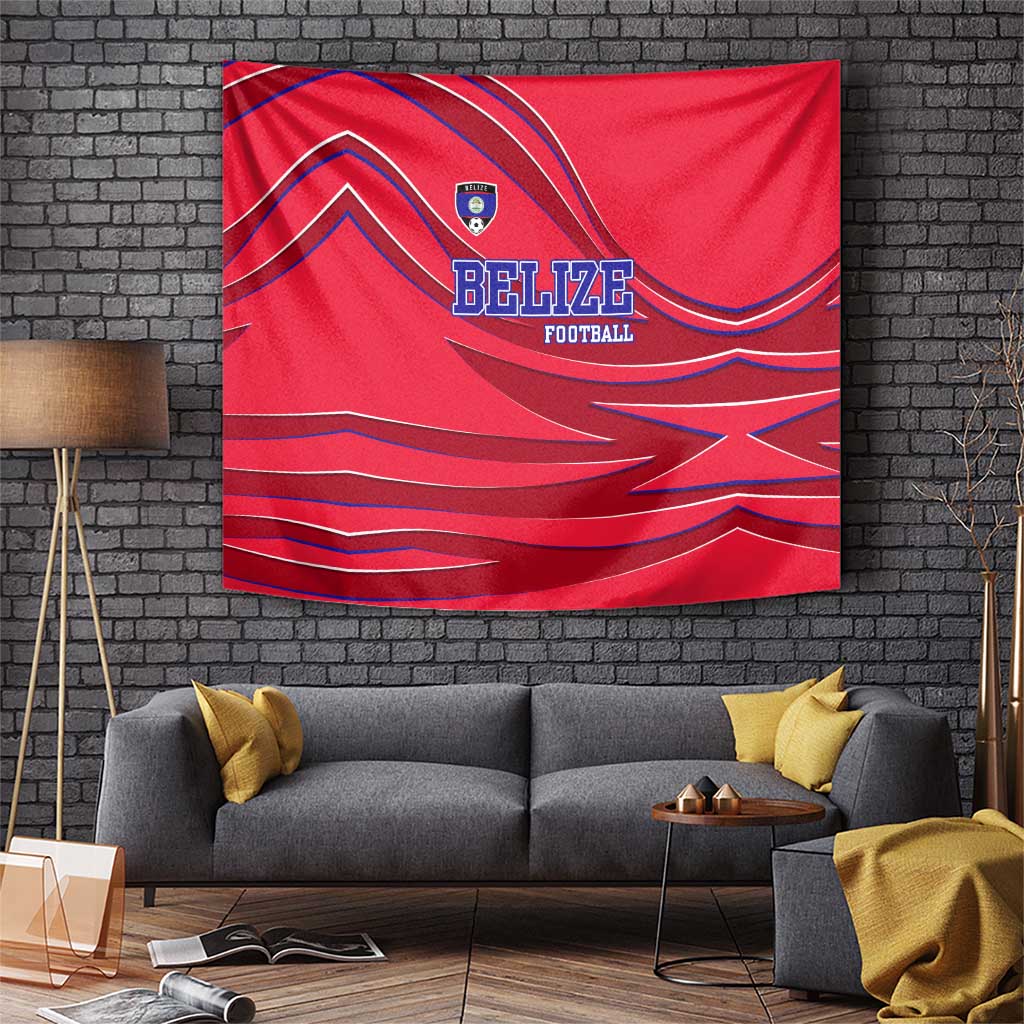 Belize Football Tapestry with Red Abstract Soccer Pattern and Shield Emblem