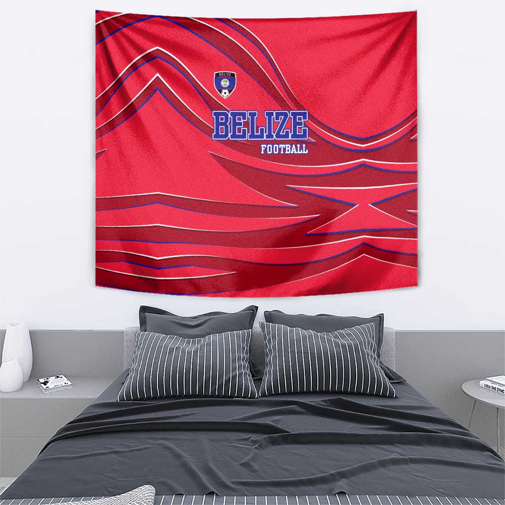 Belize Football Tapestry with Red Abstract Soccer Pattern and Shield Emblem