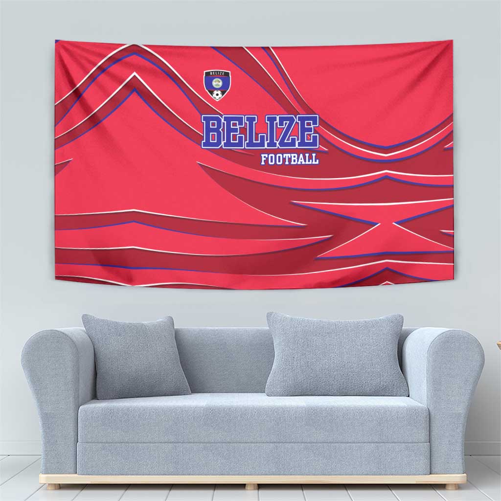 Belize Football Tapestry with Red Abstract Soccer Pattern and Shield Emblem