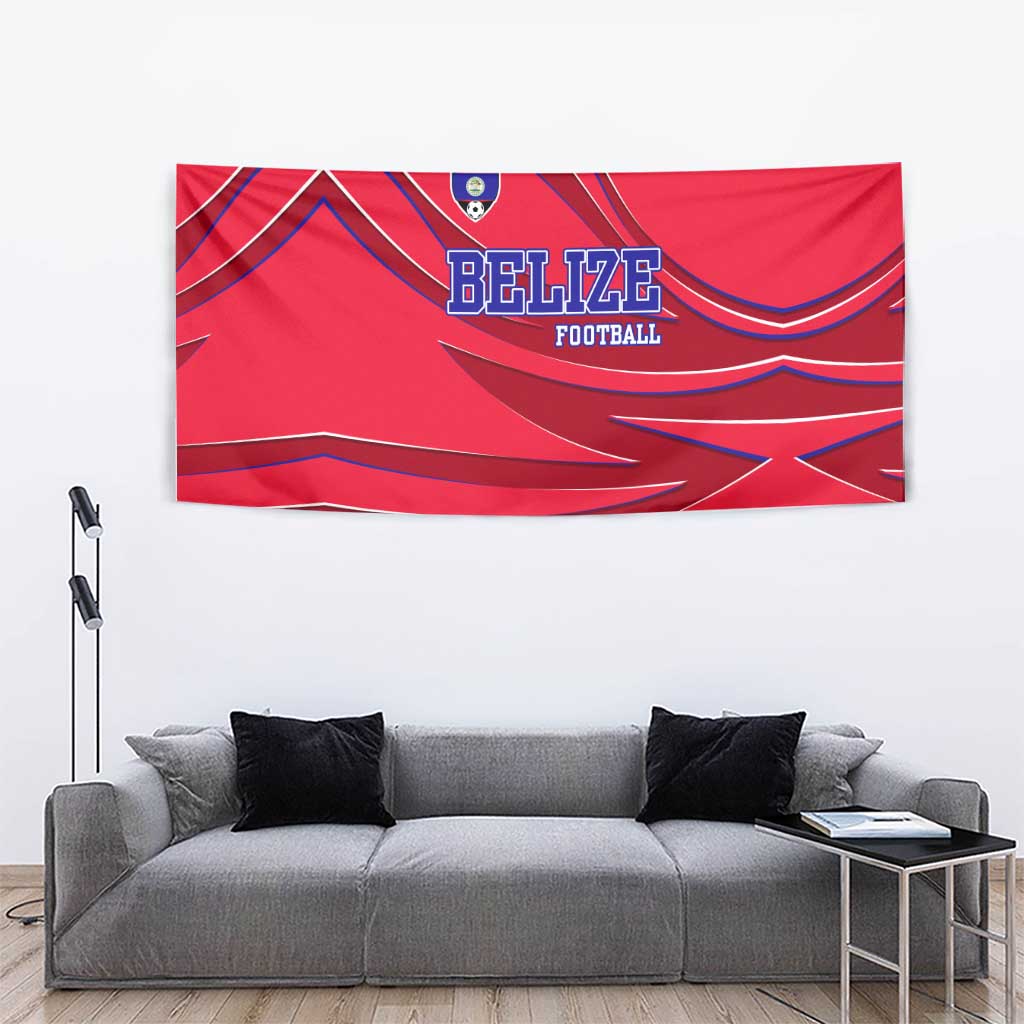 Belize Football Tapestry with Red Abstract Soccer Pattern and Shield Emblem
