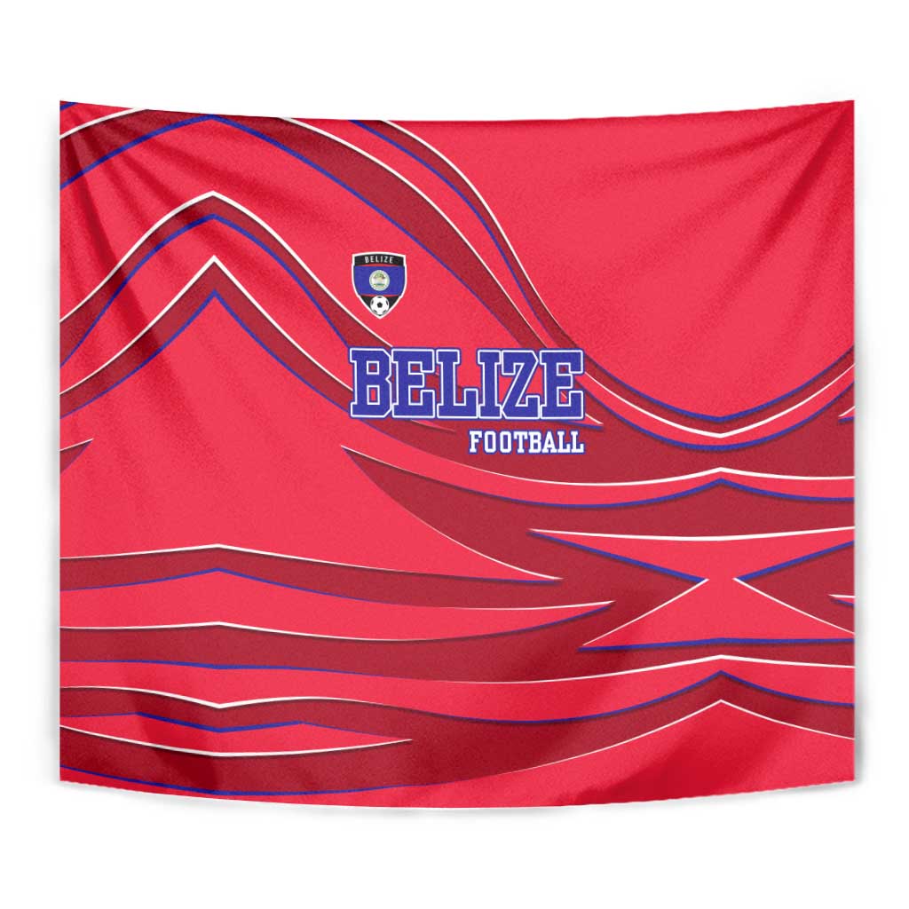 Belize Football Tapestry with Red Abstract Soccer Pattern and Shield Emblem