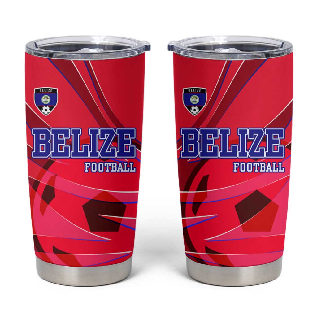 Belize Football Tumbler Cup with Red Abstract Soccer Pattern and Shield Emblem