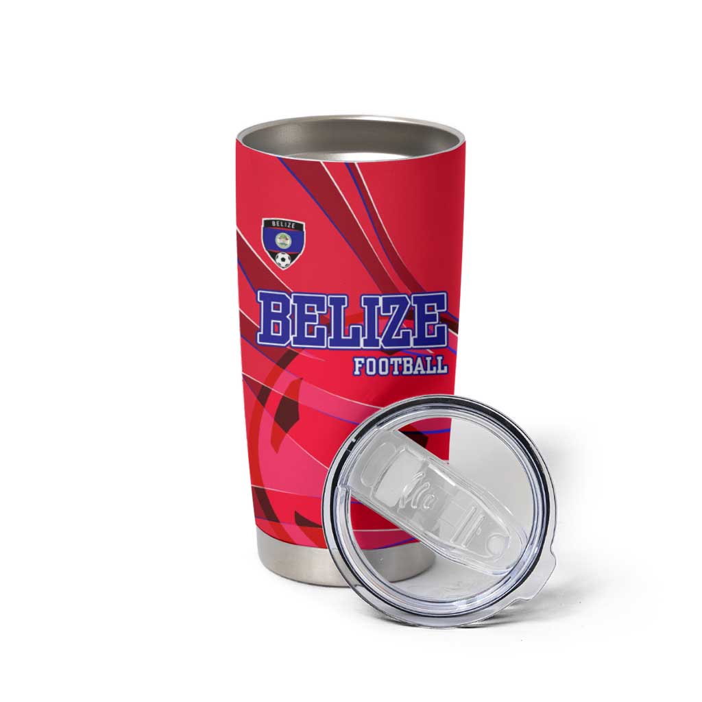 Belize Football Tumbler Cup with Red Abstract Soccer Pattern and Shield Emblem