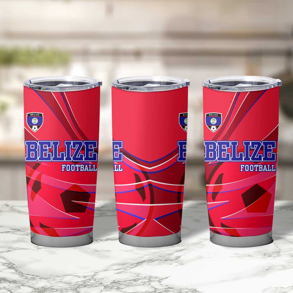 Belize Football Tumbler Cup with Red Abstract Soccer Pattern and Shield Emblem