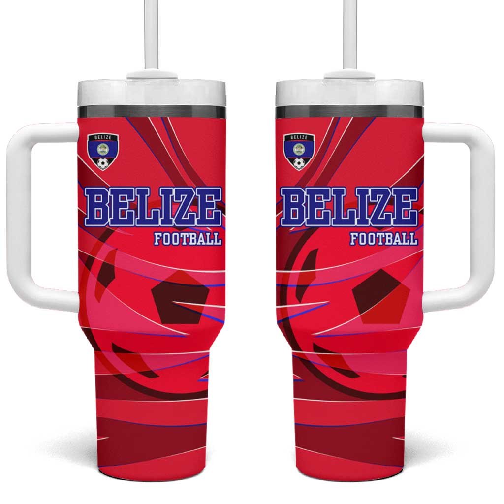 Belize Football Tumbler With Handle with Red Abstract Soccer Pattern and Shield Emblem