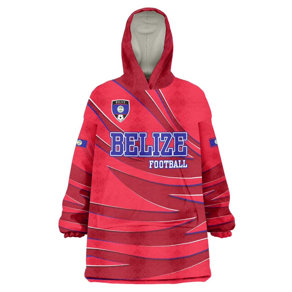 Belize Football Wearable Blanket Hoodie with Red Abstract Soccer Pattern and Shield Emblem