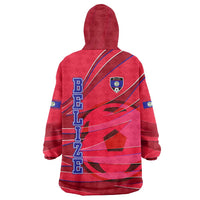 Belize Football Wearable Blanket Hoodie with Red Abstract Soccer Pattern and Shield Emblem