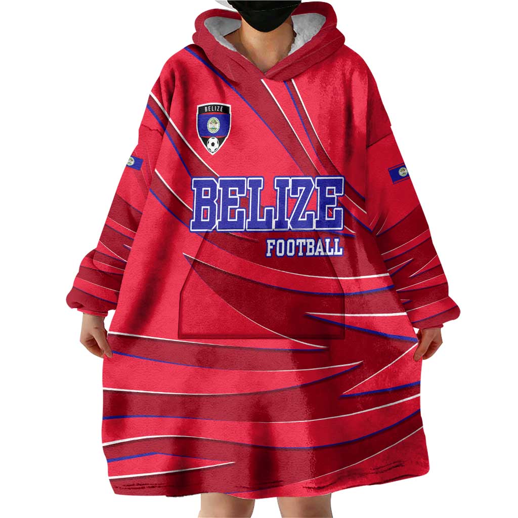 Belize Football Wearable Blanket Hoodie with Red Abstract Soccer Pattern and Shield Emblem