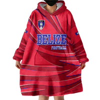 Belize Football Wearable Blanket Hoodie with Red Abstract Soccer Pattern and Shield Emblem