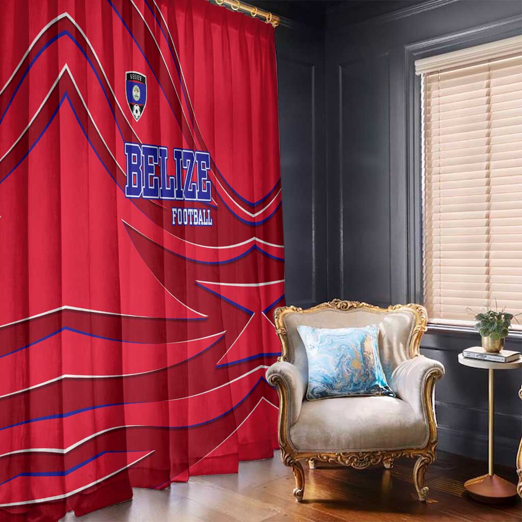 Belize Football Window Curtain with Red Abstract Soccer Pattern and Shield Emblem