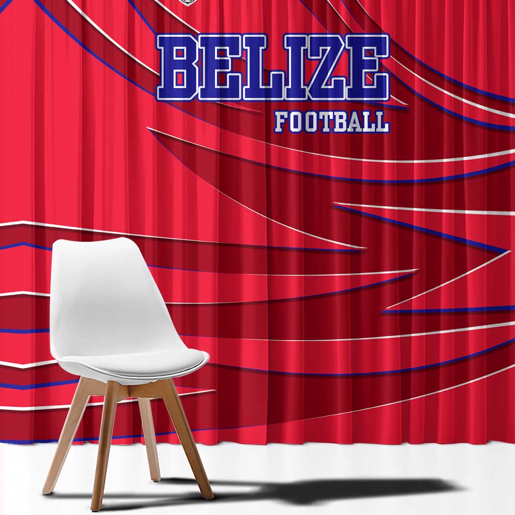 Belize Football Window Curtain with Red Abstract Soccer Pattern and Shield Emblem